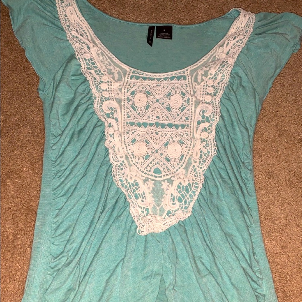 blue and white ruffled shirt